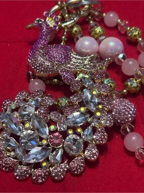 Pink Crystal Peacock Statement Bag Charm  by